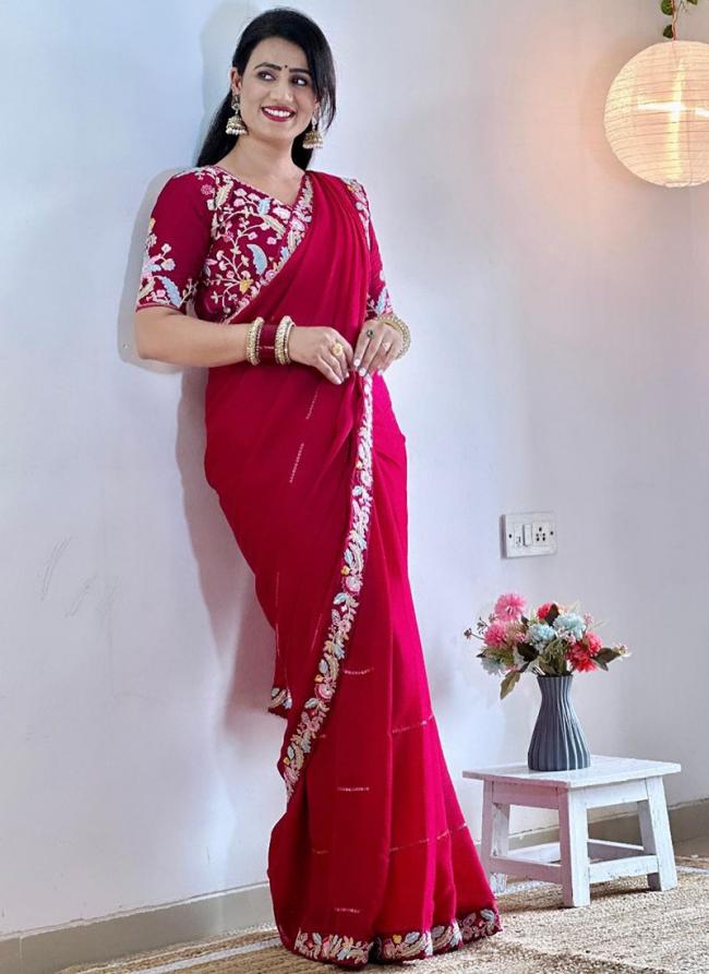 Chiffon Rani Party Wear Embroidery Work Saree(stitched blouse)